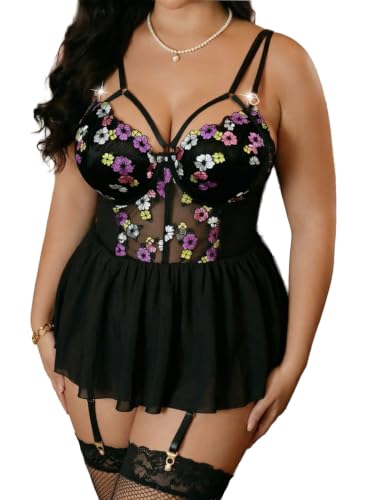 Image of Alrovetoney Plus Size Lingerie For Curvy Women Ruffle Lingerie Set Sexy Lace Lingerie Set Garter Belt With Stockings