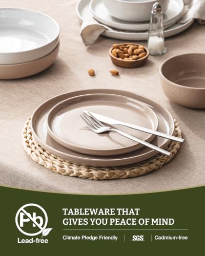 Image of Famiware Milkyway Plates and Bowls Sets, 12 Pieces Stoneware Dinnerware Sets, Dishes Set for 4, White & Cinnamon Brown