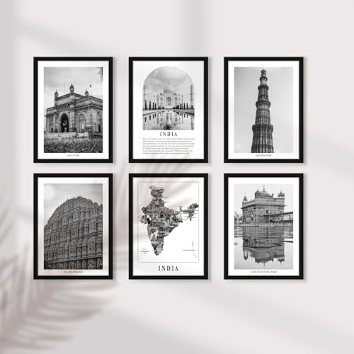 Image of PAINTINGMANTRA Framed Painting A3 Indian Gallery Wall Art Prints Pack of 6, Framed Poster Heritage Wall D cor, Historic Monuments, Vintage Photography, for Living Room Bedroom Decoration (32x44 cm)