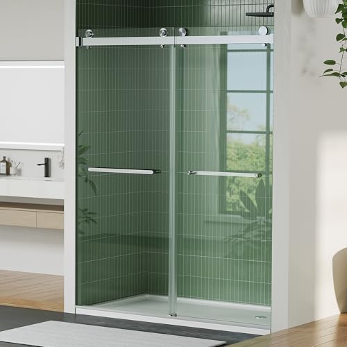Image of Garvee Frameless Double Sliding Shower Door, Adjustable 56-60 inch W x 74 inch H, 6mm Tempered Glass with Square Stainless Steel Track, Brushed Nickel Finish for Bathroom Enclosure