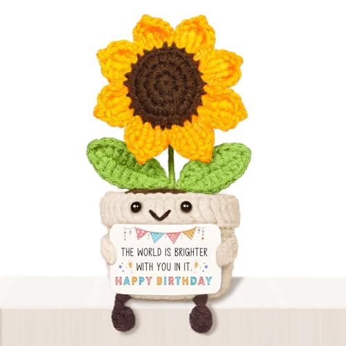 AceThrills Positive Birthday Gifts for Women Men - Cute Handmade Crochet Sunflower Decor with Bday Card - Happy Birthday Gifts for Women Men Friend Sister Brother Wife Girlfriend Dad Mom Grandma