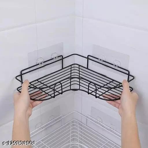 1PCS Packing Wall Mounted Self-Adhesive Bathroom Corner Shelf/Kitchen Rack & Holder - Bathroom Accessories (Material-GI Metal, Powder Coated Finish, Black, Pack of 1)|DEV-P286 4