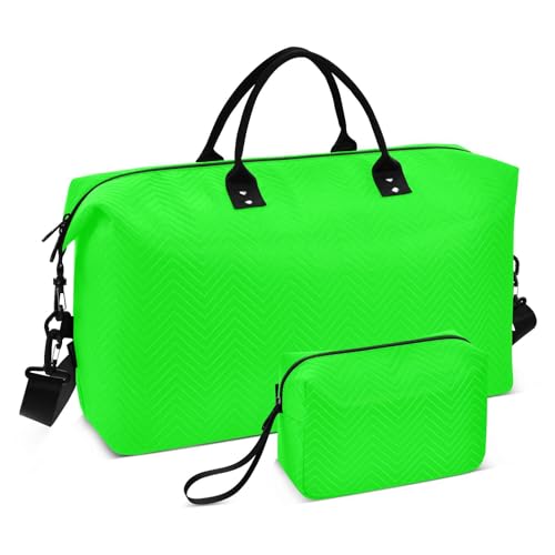Burbuja Travel Duffel Bag for Women, Neon Green Solid Color Weekender Overnight Bag Shoulder Carry On Tote Bag with Trolley Sleeve, Gym Bag with Toiletry Bag, Large Size