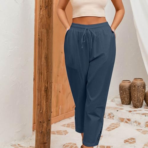 Womens Boho Cotton Linen Capri Pants Lace Stitching Cropped Pants High Rise Vintage Crop Trousers Casual Jogging Pants4
