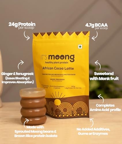 Image of It's Moong Mung Bean & Brown Rice Isolate Plant Protein Powder for Men & Women | 24gms per serve 4.7gms BCAA| African Cocoa Latte | 500gms | Sprouted Plant based protein | Plant Protein