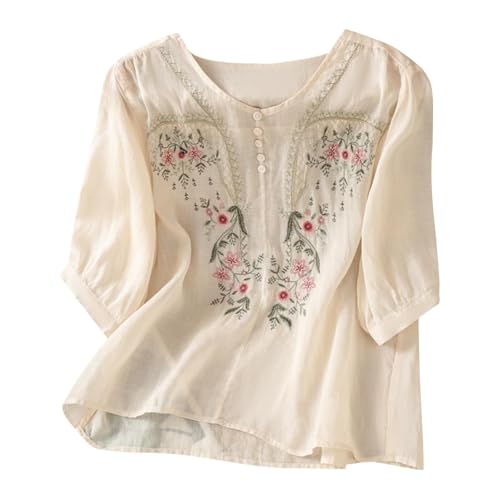 Cotton Tops for Women Embroidered Linen Gauze Shirts Dressy Peasant Blouses Beige L - image 3