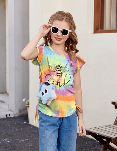 Image of Arshiner Girls T Shirts Ruffle Short Sleeve Ruched Knot Side Tunic Blouse Summer Tee Tops