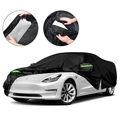 Image of Waterproof Car Cover Replace for 2017-2025 Tesla Model 3, 6 Layers All Weather Custom-fit Car Cover with Zipper Door & Windproof Bands for Snow Rain Dust Hail Protection