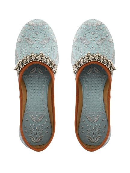Women's Embroidered Juttis, Sky Blue, Silver Embellishments, Traditional Indian Footwear, Flat Ballet Style-image-29