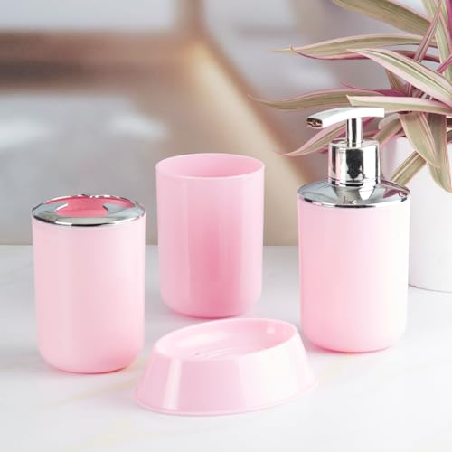 Image of Kookee Acrylic Bathroom Set - Stylish 4 Piece Bath Accessories Kit with Soap Dispenser, Toothbrush Holder, Tumbler & Soap Dish - Modern & Designer Decor for Home & Guest Bathrooms (7395)