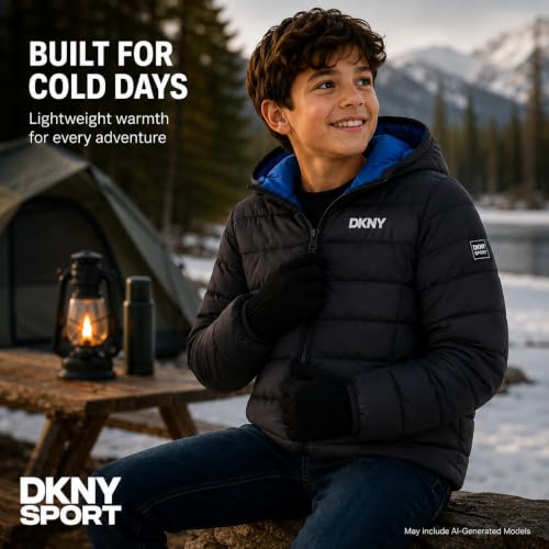 Image of DKNY Boys Winter Jacket, Midweight Puffer Coat, Weather Resistant, Hooded