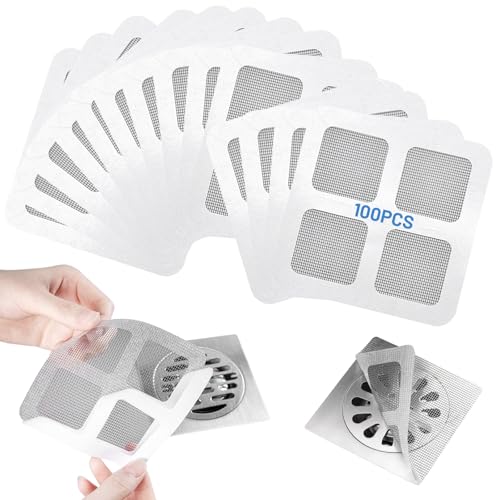 100 coladores de pelo para ducha, 10×10 cm, autoadhesivos, filtro de desagüe de malla fina, red de desagüe desechable para ducha, bañera y cocina, contra obstrucciones