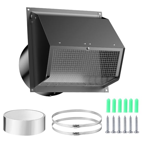 Hooded Wall Vent Cover with Screen and Damper, Galvanized Steel Outside Wall Exhaust Vent Cover Cap for Kitchen Range Hood Dryer HVAC Duct Exterior Ventilation and Air Exhaust (Black, 8 Inch)