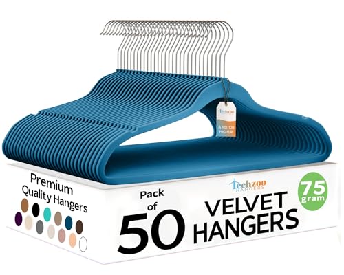 Image of Techzoo Premium Velvet Hangers 50 Pack Ultra Thin Non Slip Adult Felt Space Saving Slim Suit Hanger for Closet Heavy Duty Coat Pants Jackets Dress Hangers 360 Swivel Hook Hold Upto 10 lbs Blue