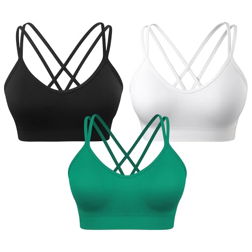 Image of VEQKING Strappy Cross Back Women Sports Bra Pack for Medium Support Workout | Removable Padded Cups, Spaghetti Strap, Comfort Seamless Wirefree, Soft Breathable Fabric, for Gym /Yoga /Pilates /Walking /Daily