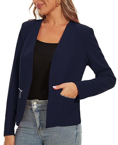 MINTLIMIT Blazers for Women Business Casual Cropped Blazer Open Front Collarless Cardigan Jacket with Zipper Pockets4