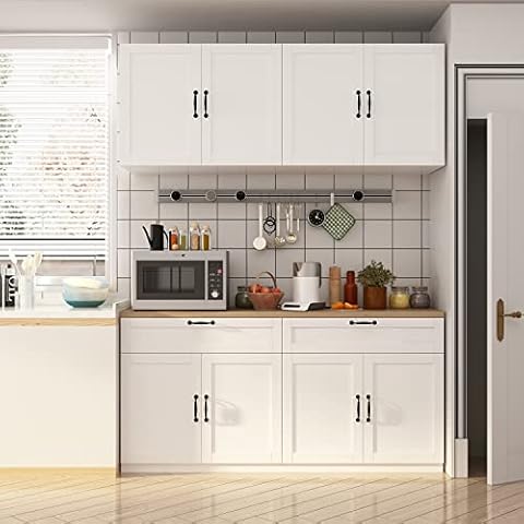 ECACAD Wall-Mounted Kitchen Pantry with Doors, Drawers & Adjustable Shelves, Kitchen Cupboard Storage Cabinet for Living Room, White Cover