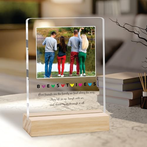 Image of Giftplease Customized Friends Plaque with Wooden Stand | Personalized Photo Frame with Quote | Best Friend Birthday Gift, Farewell Gift, Friendship Day Gift for BFF Keepsake Room Decor FR 02
