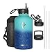 Coolflask - Borraccia termica termica da 1814 g, con cannuccia e 3 coperchi, in metallo riutilizzabile, in acciaio inox, per palestra, sport e viaggi, colore: blu ghiacciaio