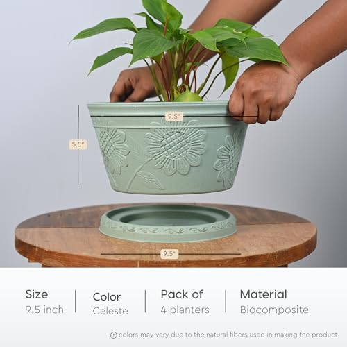 Image of Eha Earth Friendly Nile Planter 9.5 inch Planters for Home Decor| Bamboo Based Plant Pot | Pack of 4 | UV Protected Pot for Plant | Flower Pot for Living Room, for Outdoor and Indoor | Celeste