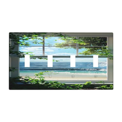 Decorative Switch Covers Plate Window Beach Seascape View Green Leaves 4 Gang Wall Plate Oversized Quad Toggle Light Switch Plate Jumbo Faceplate for Country Bedroom Home Decor