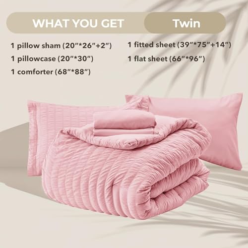 Image of HYMOKEGE Pink Twin Comforter Set Seersucker 5 Pieces, All Season Luxury Bed in a Bag for Bedroom, Bedding Set with Comforters, Sheets, Pillowcase & Sham