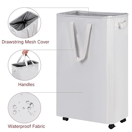 efluky Slim Laundry Hamper with Wheels, Rolling Laundry Basket for Clothes, Small Laundry Basket for Bedroom, Dorm and Laundry Room, 75L (19.8 Gallons) White