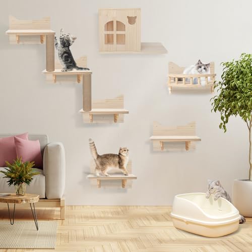 Katzen Kletterwand, 9 Pcs Katzenwandmöbel Set, Katzenregale und Sitzstangen für Wand, Holz Wandmontage Kletterregal mit Sitzstangen Sisalpfostenleiter Katzenzimmer Kratzbaum, zum Schlafen, Spielen Katzen Kletterwand, 9 Pcs Katzenwandmöbel Set, Katzenregale und Sitzstangen für Wand, Holz Wandmontage Kletterregal mit Sitzstangen Sisalpfostenleiter Katzenzimmer Kratzbaum, zum Schlafen, Spielen