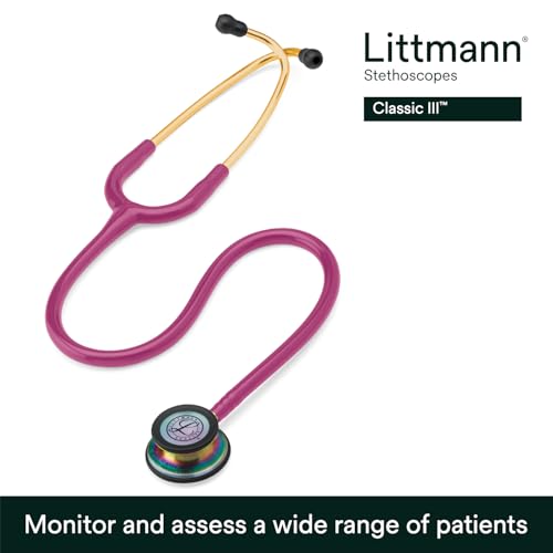 Image of 3M Littmann Classic III Monitoring Stethoscope, 5806, More Than 2X as Loud, Weighs Less, Stainless Steel Rainbow-Finish Chestpiece, 27 inch Raspberry Tube, Brass Stem and Headset