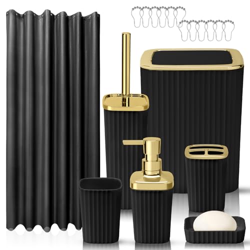 Bathroom Accessory Set Shower Curtain Set Toilet Brush Trash Can & Soap Dispenser (Black Gold Plastic)