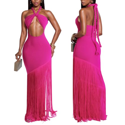 Image of Kwunbwa Women's Sexy Halter Backless Maxi Dress Cut Out Sleeveless Bodycon Long Fringes Club Party Cocktail Dresses