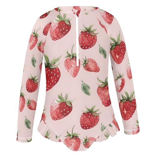 ALAZA Strawberry Watercolor Hipster Girls One Piece Swimsuit Long Sleeve Rash Guard Swimsuits UV 50+ Swimwear Zipper2
