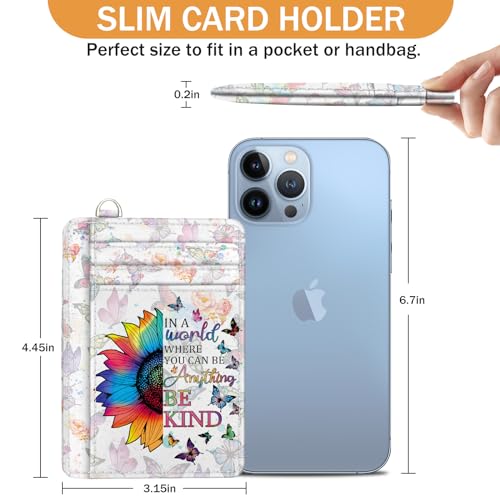 Credit Card Holder Slim Wallet, Be Kind Sunflower RFID Wallet Women Front Pocket Small Card Holder Travel Funny Cute Thin Card Case ID Window PU Leather RFID Blocking Card Organizer Gift