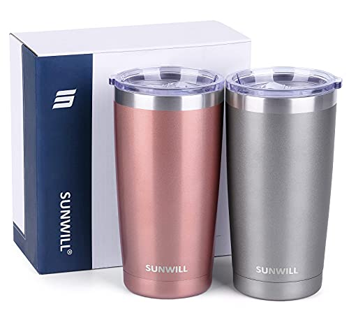 Image of SUNWILL Travel Coffee Mug Set of 2, 20 oz Tumbler with Lid, Insulated Stainless Steel Cup for Water, Tea, Ice, Rose Gold & Cool Grey