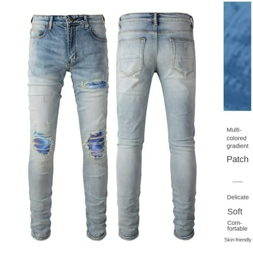 Jeans Pants Trouser Denim Men Trendy Street Stretch Slim Fit Washed Blue Grinding Fading Gradient Patch Casual Small Foot(Light Blue,33)3
