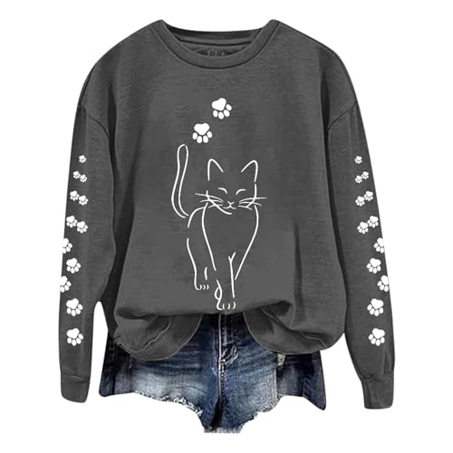 Image of Jumpers Women Sweatshirts Casual Cute Cat Graphic Printed Long Sleeve Loose Sweatshirts Pullover Sweatshirts Blouse (Dark Gray, M)