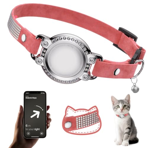 Image of AirTag Cat Collar Breakaway, Rhinestone Collar with Air Tag Holder, Rosered