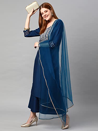 Image of GoSriKi Women's Cotton Blend Solid Straight Kurta with Palazzos & Dupatta (DHARAN)