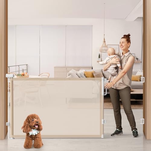Image of 76 inch Retractable Baby Gates Extra Wide, Mesh Long Dog Gate for Deck | Indoor Outdoor Stair Gate for Wide Openings Doorways Hallways Porch, Child Pet Safety Essentials for Home, Beige