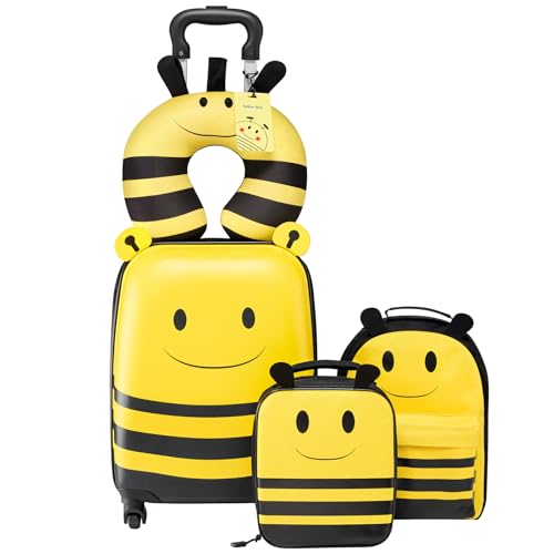 VEVOR Set di Valigie per Bambini da 5 Pezzi, Valigia Rigida con Ruote da 45,7 cm, Zaino e Cuscino a U, a Forma di Ape, Regalo di Compleanno per Bambini, Approvato dalle Compagnie Aeree