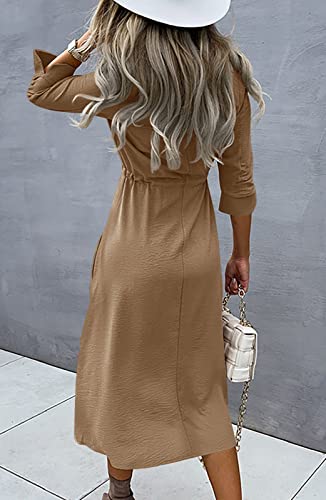 Image of Febriajuce Women's 3 /4 Sleeve Midi Dress Casual Drawstring Belted Round Neck Plain Tie Waist Loose High Waist Long Dress