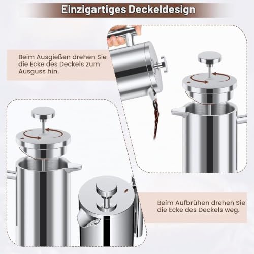 NVIYAM Kaffeebereiter French Press Edelstahl, 1000ml French Press, Doppelwandig Isoliert Kaffeepresse, Kaffee Französische Presse für Haus, Camping und Büro – Bild 3