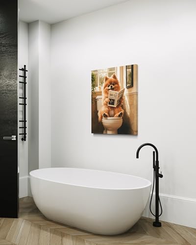 Image of Pomeranian on Toilet Wall Art Print Canvas Wrapped, Dog Bathroom Humor Decor Posters Prints for Restroom Home Picture Painting Artwork Gallery 7 (Pomeranian, 20 inchL x 16 inchW CANVAS, Wrapped Canvas)