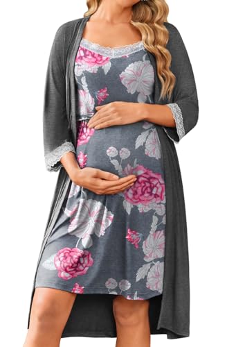 Image of Ekouaer Women Lace Maternity Nursing Gown and 3/4 Sleeve Robe Set Double Layer Breastfeeding Nightgown Slip Dress & Bathrobe