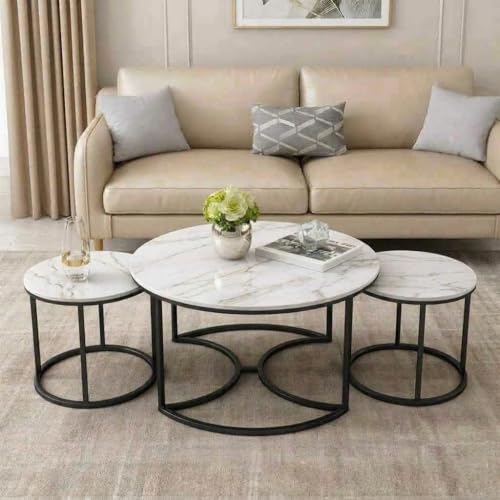 Image of 3 Piece Living Room Table Set, 1 Center Table and 2 End Nesting Tables NO-Tools Assembly Round Stacking Coffee Side Tables for Small Spaces, Nightstand Bedside Table White and Black