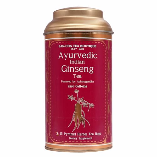Image of Sancha Tea Boutique, Ayurvedic Ginseng Tea, Indian Ginseng, Pure Ashwagandha Blend, 25 Pyramid Bags, Caffeine Free Herbal Tisane