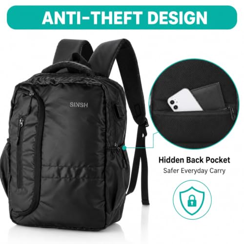 Image of SINSH Anti-Theft Laptop Backpack Aja | Water Resistant 15.6 Inch Bag With USB Charging Port | Travel Office Daily College Backpack Black For Men Women