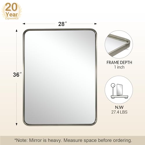 Image of ANDY STAR 28x36 INCH Brushed Nickel Mirror, Rounded Rectangle Brushed Silver Metal Framed Mirrors for Bathroom Anti-Rust SUS304, Tube Metal Frame, 1'' Deep Wall Mounted Vertically /Horizontal