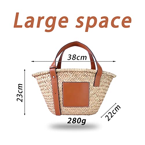 Image of Straw Basket Tote Bag for Women PU Leather Strap Hollow Woven Top Handle Straw Purses and Handbags