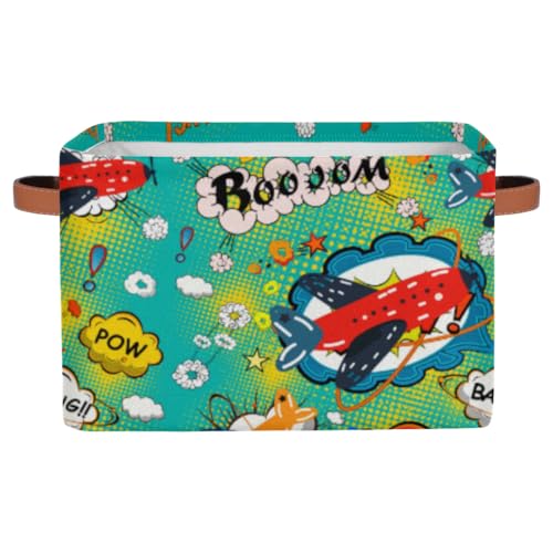 Cartoon Airplane Doodle Square Storage Basket, Fabric Storage Bin with Leather Handles Collapsible Storage Bin Nursery Hamper for Organizing Toys, Clothes, Books, Gift Baskets
